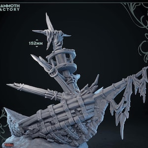 May include: A detailed, gray, 3D printed model of a wrecked ship with a broken mast and tattered sails. The ship is 152mm tall and is designed for tabletop gaming.