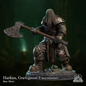 May include: A detailed miniature figure of Harkun, Gravegaunt Executioner, wielding a large axe. The figure is clad in armor and a hooded cloak, standing on a stone base. The base measures 50mm. The figure is dark gray and brown.