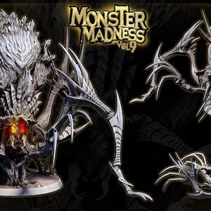 May include: A grey, multi-legged monster figurine with a large, textured, bulbous body and sharp, pointed appendages. The creature features glowing red eyes and is displayed from three different angles. The text MONSTER MADNESS VOL 9 is visible.