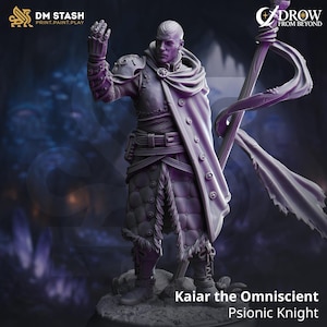 May include: A detailed miniature figure of Kaiar the Omniscient, a Psionic Knight. The figure is clad in armor and a long coat, holding a staff with a flowing cloth. The figure is in a dynamic pose, with one hand raised. The figure is a collectible item.
