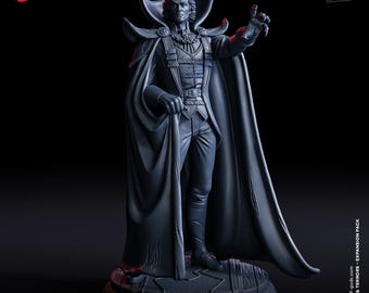 May include: A gray painted miniature figurine of a vampire patriarch wearing a long black cloak and a dark suit. The figure is standing on a circular base with a textured surface. The miniature is part of a Dungeons & Terrors expansion pack.