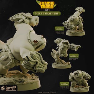 May include: A collection of unpainted resin miniatures of frog-like creatures, labeled "Jungle Toads Melee Smashers." The image shows multiple angles of the figures, with height and base measurements in millimeters. The figures are on bases, and the text "Supported" is visible.
