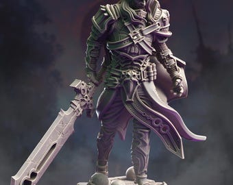 May include: A detailed, gray, 3D printed miniature of a warrior figure. The figure is wearing armor and holding a sword. The figure is standing on a base with skulls.