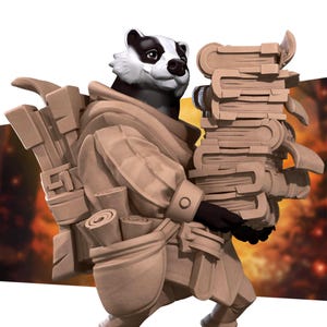 May include: A cartoon badger character, dressed in a tan coat and carrying a stack of books. The badger has a black and white face and is wearing a satchel and backpack. The background is a blurred orange and yellow.