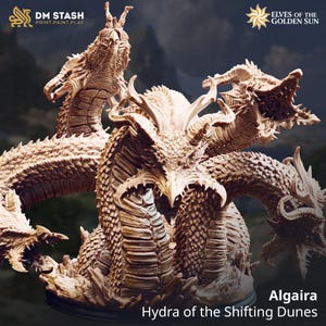 May include: A detailed, beige-colored miniature of a multi-headed hydra, Algaira, from the "Hydra of the Shifting Dunes" series. The model features intricate scales and open mouths, with the DM STASH and Elves of the Golden Sun logos in the background.