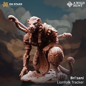 May include: A detailed, tan-colored miniature figurine of a lion-like creature in a kneeling pose, holding a staff. The figurine is intricately designed with armor and braided hair. The text "Bri'zani Lionfolk Tracker" is visible.