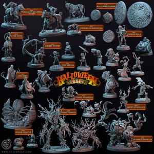 May include: A collection of Halloween-themed miniature figures, including a headless horseman, a spider cluster, a pumpkin prowler, and a variety of spooky creatures. The figures are made of a gray, unpainted resin and are ready to be painted.
