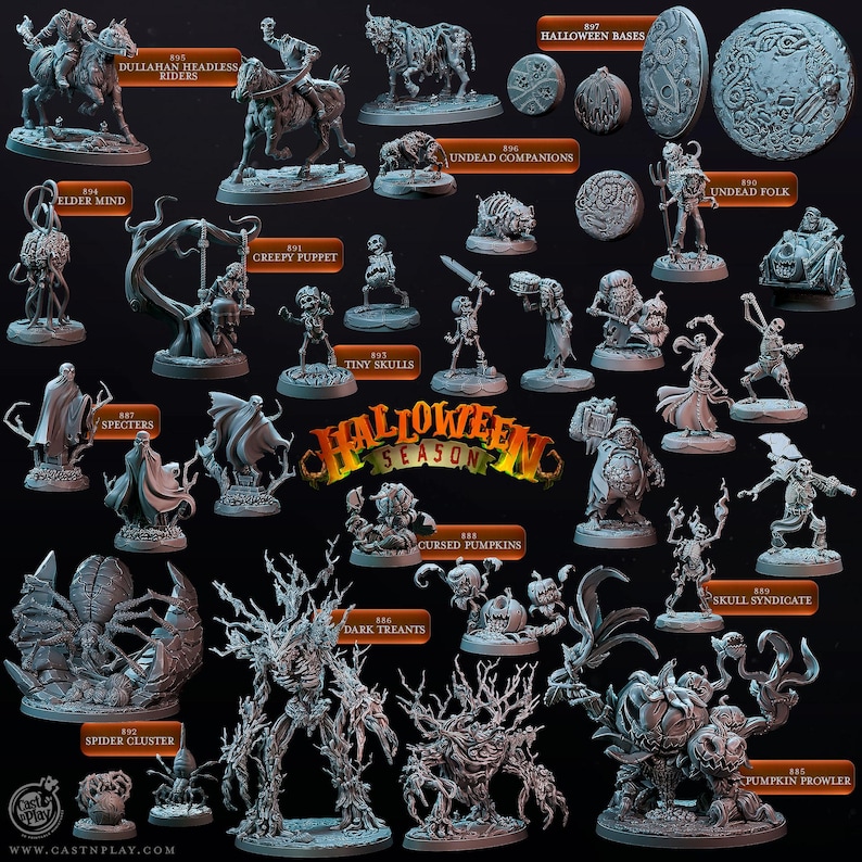 May include: A collection of Halloween-themed miniature figures, including a headless horseman, a spider cluster, a pumpkin prowler, and a variety of spooky creatures. The figures are made of a gray, unpainted resin and are ready to be painted.