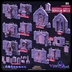 May include: A collection of modular wall pieces for a tabletop game, labeled "Wizard's School." The pieces include walls with clocks, shelves, doors, and hidden passages. The set also includes caps, intersections, and a size guide.