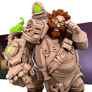 May include: A detailed 3D rendering of a steampunk-inspired figure. The figure has a mechanical arm with a glowing green orb, a helmet, and goggles. The character has a red beard and is wearing overalls.