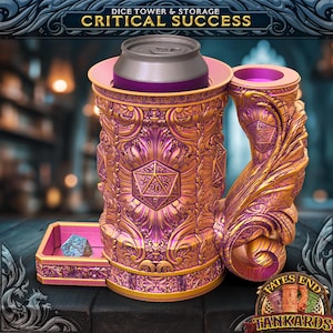 May include: A gold and purple dice tower and tankard with the text "CRITICAL SUCCESS". The tankard holds a can and has a handle. A small tray holds a die. The tankard is decorated with ornate designs and a D20.