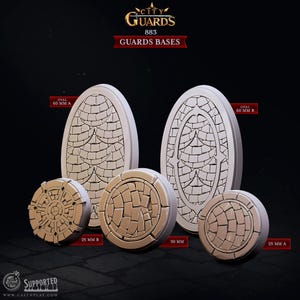 May include: A set of five resin bases for miniature figures, featuring a stone-like texture. The bases are in various shapes and sizes, including oval and round, with diameters ranging from 25 mm to 60 mm. The bases are labeled with their size and shape.