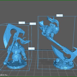 May include: Two 3D printed figurines of a warrior holding a large axe. The warrior is wearing armor and a helmet. The axe is large and has a curved blade. The figurines are printed in a light blue color.