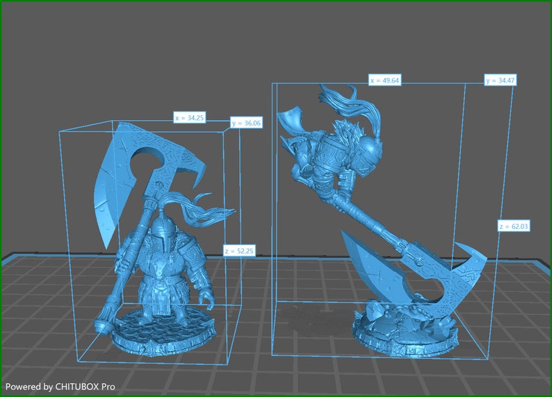 May include: Two 3D printed figurines of a warrior holding a large axe. The warrior is wearing armor and a helmet. The axe is large and has a curved blade. The figurines are printed in a light blue color.