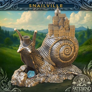May include: A bronze-colored snail-shaped dice tower with a miniature castle on its back. The snail wears a top hat and rests on a rocky base. A blue, multi-sided die sits in front of the snail. The text "Dice Tower Snailville" is at the top.