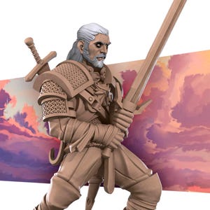 May include: A detailed figurine of a character from The Witcher series, holding a large sword. The figure is clad in armor with chainmail detailing and has long white hair and a beard. The background features a colorful sky.