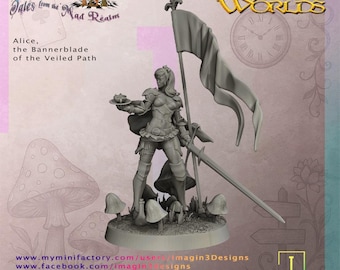 May include: A gray miniature figurine of a female warrior, holding a sword and a banner. The figurine is standing on a base with mushrooms. The text on the image reads "Wonderdeep: Tales from the Mad Realm" and "Alice, the Bannerblade of the Veiled Path."