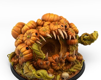 May include: A Halloween-themed pumpkin monster sculpture with a gaping mouth and sharp teeth. The sculpture is made of multiple pumpkins and vines, and is set on a black base.