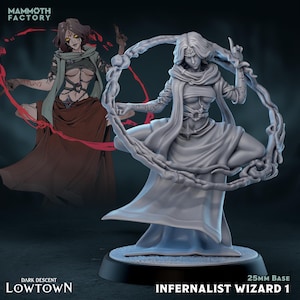 May include: A gray, 3D-printed miniature of an Infernalist Wizard 1 from the Dark Descent Lowtown series. The figure is in a dynamic pose, surrounded by a swirling, cloud-like effect. The base is 25mm. The Mammoth Factory logo is visible.