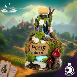 May include: A decorative glass bottle filled with blue liquid, topped with a tan cork. The bottle is wrapped in sculpted green leaves, brown branches, and small white flowers. A tan label reads PIXIE dust. Two red mushrooms sit at the base.