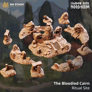 May include: A collection of brown, detailed miniature terrain pieces for tabletop gaming. The set includes a central ritual site with stairs, and several smaller rock formations. The text "The Bloodied Cairn Ritual Site" is visible.