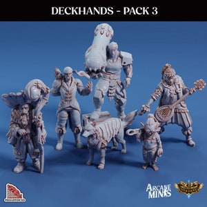 May include: A collection of gray miniature figurines, including a dwarf with a staff, a figure with a bird on its shoulder, a warrior holding a large claw, a wolf, a small figure with glasses, and a musician with a lute. The text "DECKHANDS - PACK 3" is at the top.