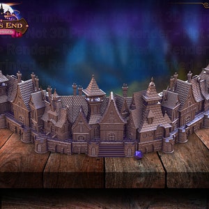 May include: A detailed miniature model of a medieval village, featuring multiple buildings with intricate details, set against a dark blue background. The model is made of a dark brown material and appears to be made of metal. The model is set on a wooden surface.