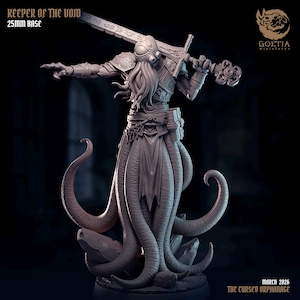 May include: A detailed miniature figure of a creature with a sword, tentacles, and armor. The figure is labeled "KEEPER OF THE VOID" and "25MM BASE". The figure is a light gray color and is standing on a rocky base. The text "GOETIA miniatures" and "MARCH 2026 THE CURSED ORPHANAGE" are also visible.