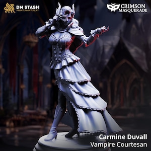 May include: A detailed figurine of Carmine Duvall, Vampire Courtesan, in a flowing white dress with layered ruffles. The figure wears a mask and has long, wavy hair. The DM STASH and Crimson Masquerade logos are visible.