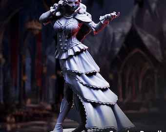 May include: A detailed figurine of Carmine Duvall, Vampire Courtesan, in a flowing white dress with layered ruffles. The figure wears a mask and has long, wavy hair. The DM STASH and Crimson Masquerade logos are visible.
