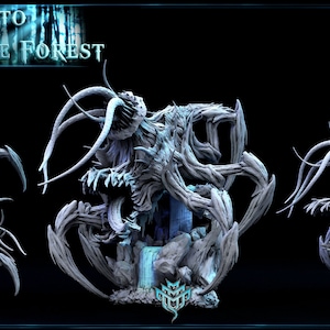 May include: A detailed, gray, 3D printed model of a creature with multiple limbs and a large, open mouth. The creature is posed in a dynamic, attacking stance. The model is titled "Journey Into The Forest".