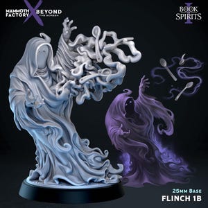 May include: A gray resin miniature figure of a hooded spirit with a faceless mask, standing on a 25mm base. The figure has one arm raised, conjuring a swirling cloud of smoke and floating spoons. Text includes Mammoth Factory, Beyond the Screen, Book of Spirits, and Flinch 1B.
