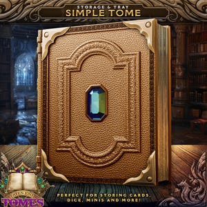 May include: A brown, textured storage box shaped like a book with the text STORAGE & TRAY SIMPLE TOME. It features gold-colored metal corner protectors and a central, faceted blue gemstone. The spine and edges resemble pages of a thick volume.