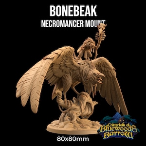 May include: A detailed, beige-colored, skeletal bird mount with a skeletal rider. The bird has a large beak and is perched on a base with a leafy design. The base is labeled "Critterfolk of Bluewoods Barrow" and "80x80mm".