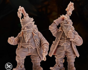 May include: Two detailed figurines of a gnome inventor, Corfiz, in a light brown color. The gnomes wear coats, pants, and have long beards. One has an eye patch and both have gadgets attached to their heads. The text "Gnome Inventor, Corfiz" is at the top.