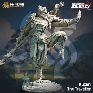 May include: A detailed, unpainted miniature of a monkey warrior figure holding a staff. The figure is wearing ornate armor and a flowing robe. The miniature is part of an "An Eastern Journey" collection.