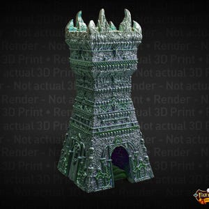May include: A metallic silver and green dice tower featuring a highly detailed, textured stone-like surface with intricate carvings, a crenelated top with sharp spires, and a wide arched entrance at the base that reveals a dark purple interior.