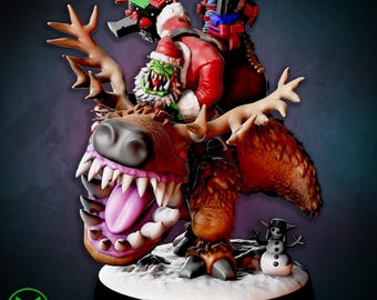 May include: A detailed figurine of a green-skinned creature in a Santa Claus outfit riding a monstrous reindeer-like beast. The creature has sharp teeth and a red tongue. A small snowman figure is also present. The color palette includes red, green, brown, and white.