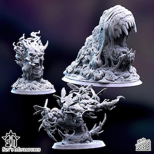 May include: Three grey resin miniature figures featuring a skull engulfed in flames, a large creature with an open mouth full of sharp teeth, and a tree-like structure covered in insect-like forms. The text Sin's Miniatures and With Supports is visible.