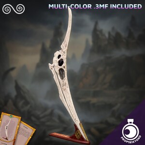 May include: A vertical, off-white, bone-like prop featuring a textured, weathered surface with hollowed-out cavities. It is mounted on a dark red, triangular base with gold-colored accents. The text "MULTI-COLOR .3MF INCLUDED" appears at the top.
