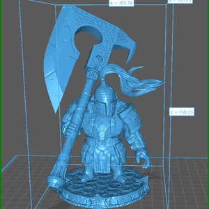 May include: A blue 3D printed miniature of a dwarf warrior holding a large axe. The dwarf is wearing armor and a helmet. The axe has a detailed handle and blade.