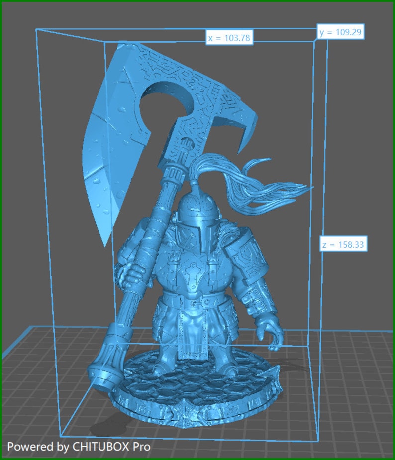 May include: A blue 3D printed miniature of a dwarf warrior holding a large axe. The dwarf is wearing armor and a helmet. The axe has a detailed handle and blade.
