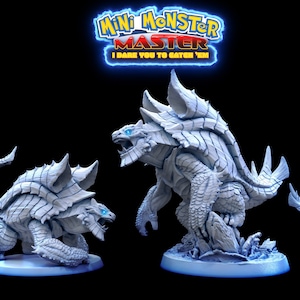 May include: Four white monster figurines with spiky armor and blue eyes are displayed. The figurines are in various poses, some standing and others crouching. The text "Mini Monster Master I Dare You To Catch 'Em" is at the top.