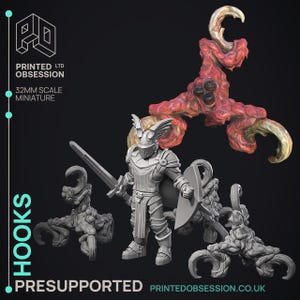 May include: A 32mm scale miniature of a knight in armor fighting off a fleshy, red, tentacled creature. The knight is holding a sword and shield. The creature has multiple tentacles with sharp points. The miniature is pre-supported and printed by Printed Obsession.