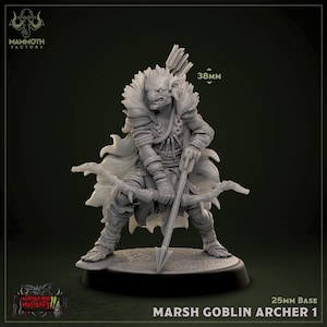 May include: A detailed miniature of a Marsh Goblin Archer 1, standing on a 25mm base. The figure is holding a bow and arrow, with a quiver of arrows on its back. The figure is 38mm tall. The Mammoth Factory logo is in the upper left corner.