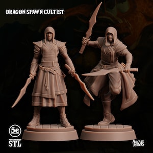 May include: A 3D printed miniature of a Dragon Spawn Cultist, a fantasy character with a hooded robe and two daggers. The miniature is painted in a brown color and is posed in two different stances. The miniature is designed for tabletop role-playing games.