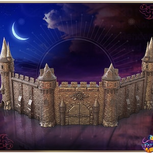 May include: A miniature castle wall with a large gate and two towers on either side. The wall is made of brown stone and the gate is made of gold metal. The castle is set against a dark blue sky with a crescent moon.