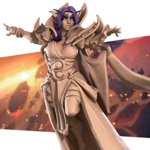 May include: A tan-colored fantasy figurine of a pointed-eared character with purple hair, wearing ornate shoulder armor and a flowing robe. The figure is posed with arms outstretched, featuring a high collar, layered fabric details, and a belt with circular accents.