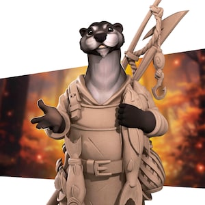 May include: A 3D-rendered figure of an otter dressed in a tan fishing outfit, holding a fishing spear and a basket with fish. The otter has a black face and paws, with a friendly expression. The background is a blurred forest scene.