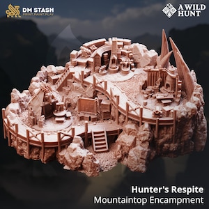 May include: A detailed, brown miniature tabletop model of a mountaintop encampment. The model features buildings, bridges, and rocky terrain. The text "Hunter's Respite Mountaintop Encampment" is visible at the bottom. The model is designed for print, paint, and play.
